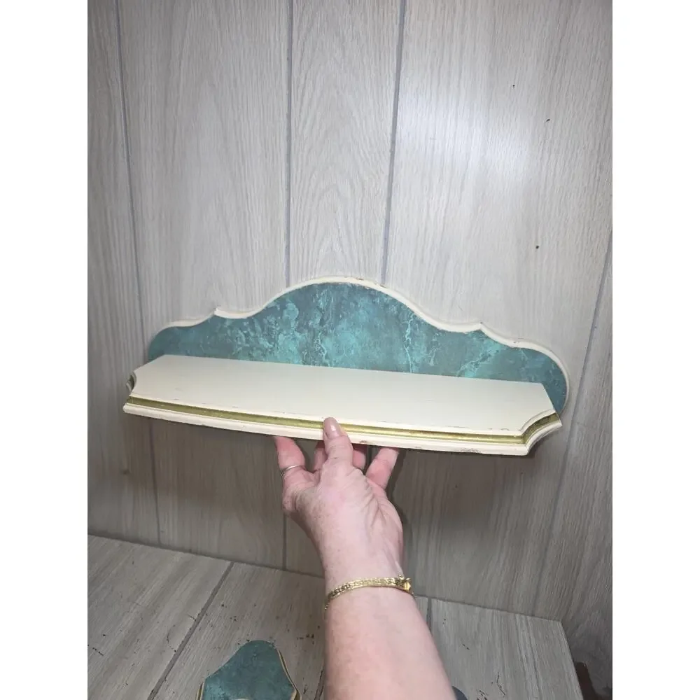 Vintage Mirrored Sconces & Shelf Marbled Green White Scalloped Heritage MCM